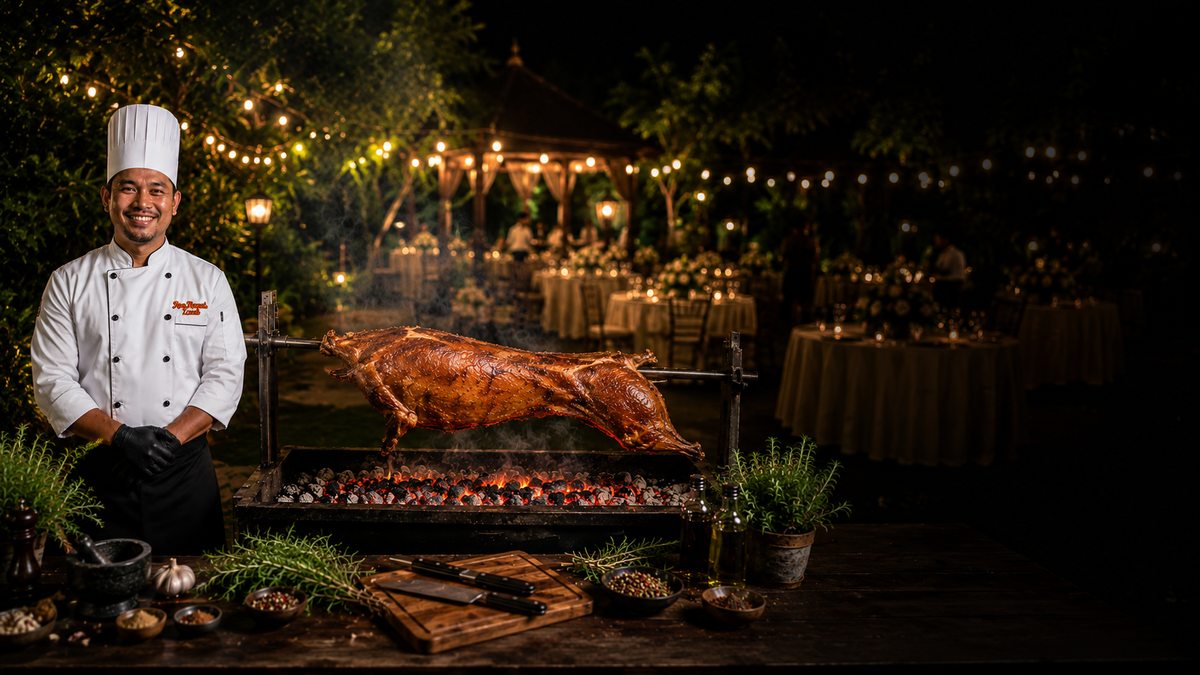 Joe Roast Lamb catering team preparing a whole roast lamb at an outdoor event