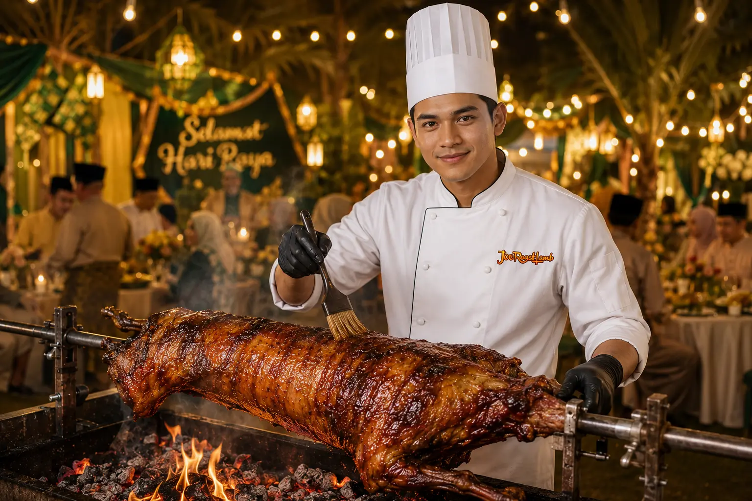 JoeRoastLamb chef presenting a live-roasted whole lamb