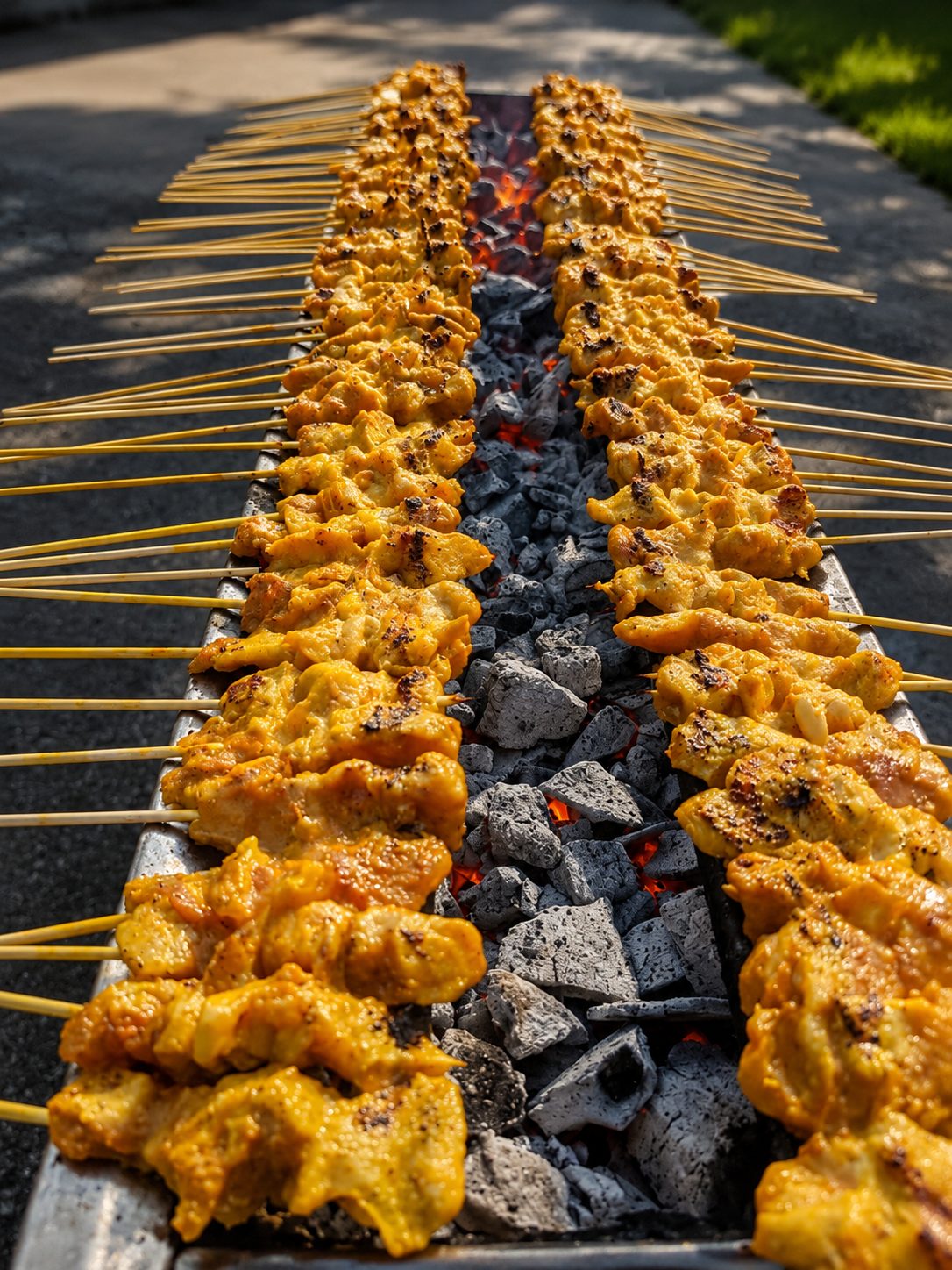Rows of satay skewers grilling over charcoal at a Joe Roast Lamb event